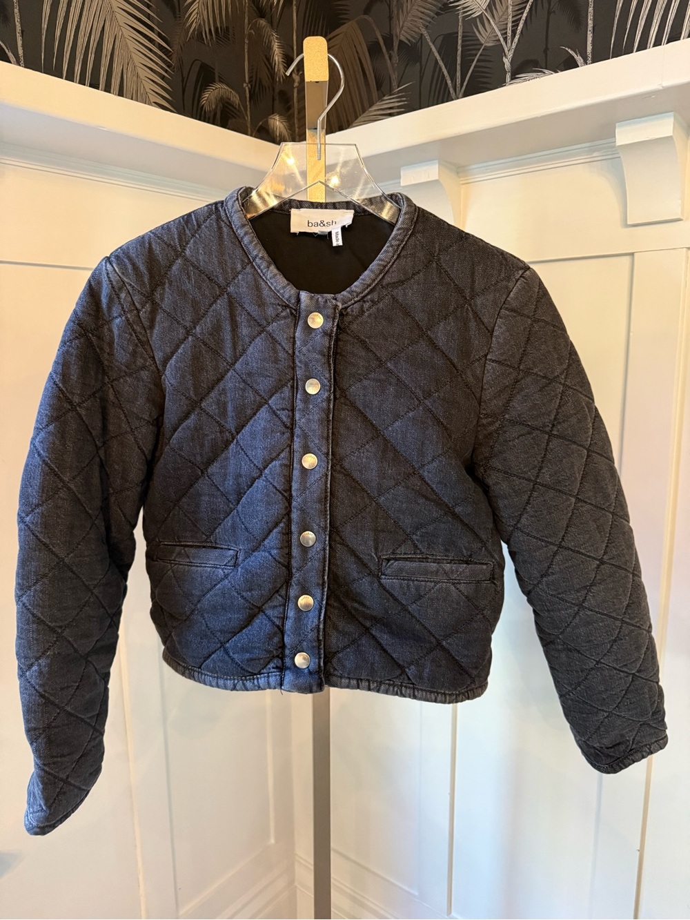 ba&sh Black Washed Denim Quilted Snap Front Bomber Jacket XS